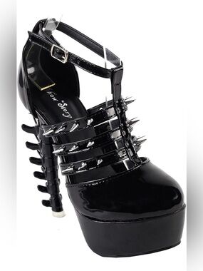 Patent Black Spiked Platform T-Strap Heels